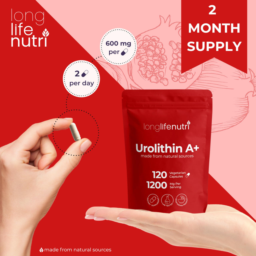 Urolithin A 1200mg - 120 Vegetarian Capsules of Pure Pomegranate-Derived Postbiotic, Third-Party Tested, GMP Certified, No Fillers, Vegan