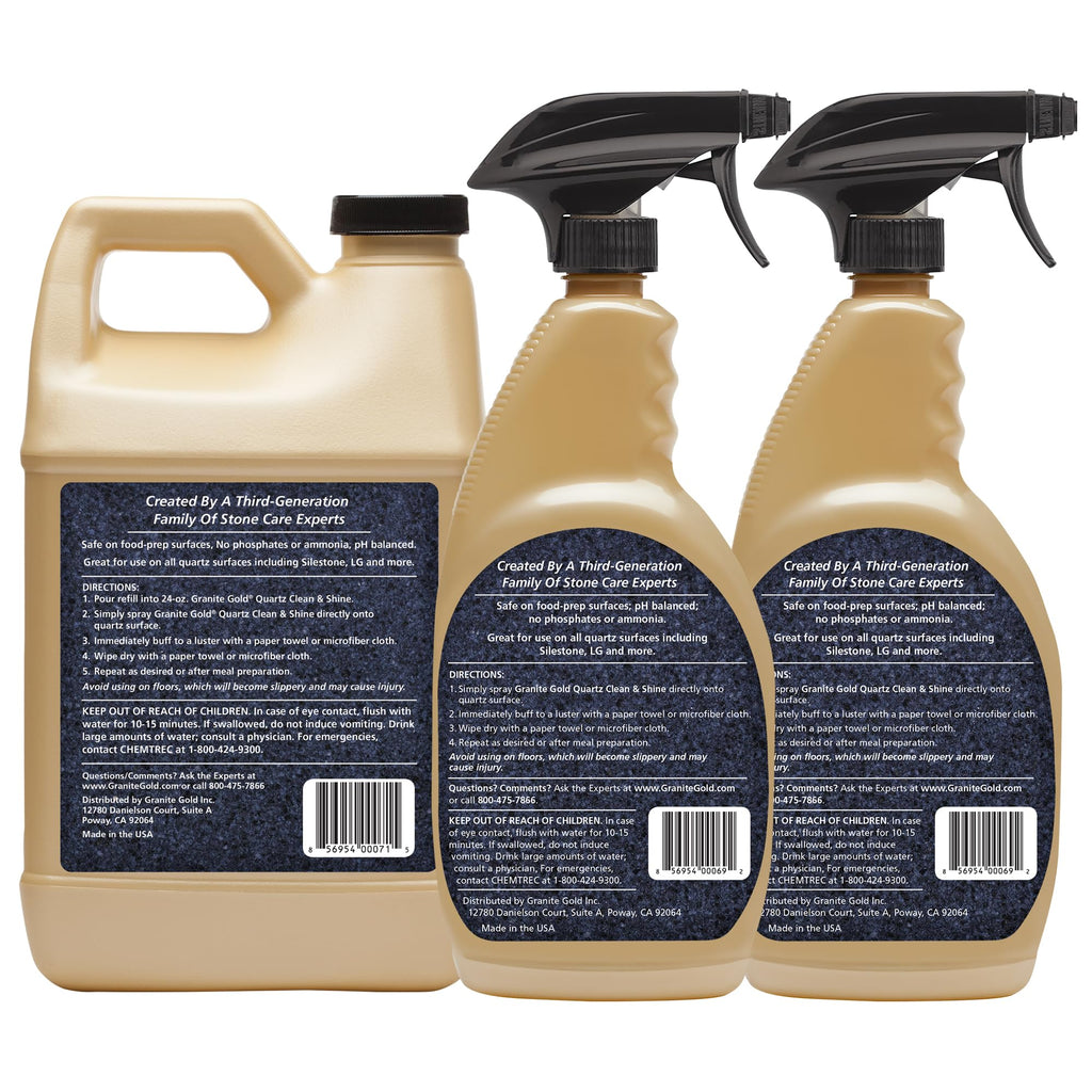 Granite Gold Quartz Clean & Shine Streak-Free Cleaner Deeps Cleans and Polishes All Quartz Surfaces Including Silestone, LG, and More, 64 Fluid Ounces and 2 x 24 Fluid Ounces