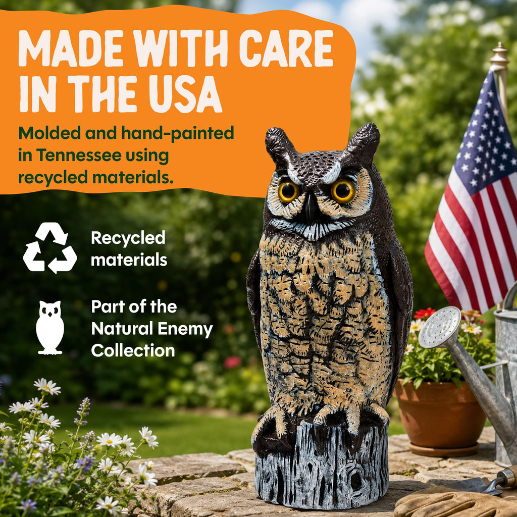 Dalen Lifelike Great Horned Owl Decoy Bird Repellent - 16in Hand-Painted Scarecrow for Gardens & Rooftops, Owl Bird Deterrent, Fixed-Head Design, Fill Base with Sand/Gravel Only - Multicolor