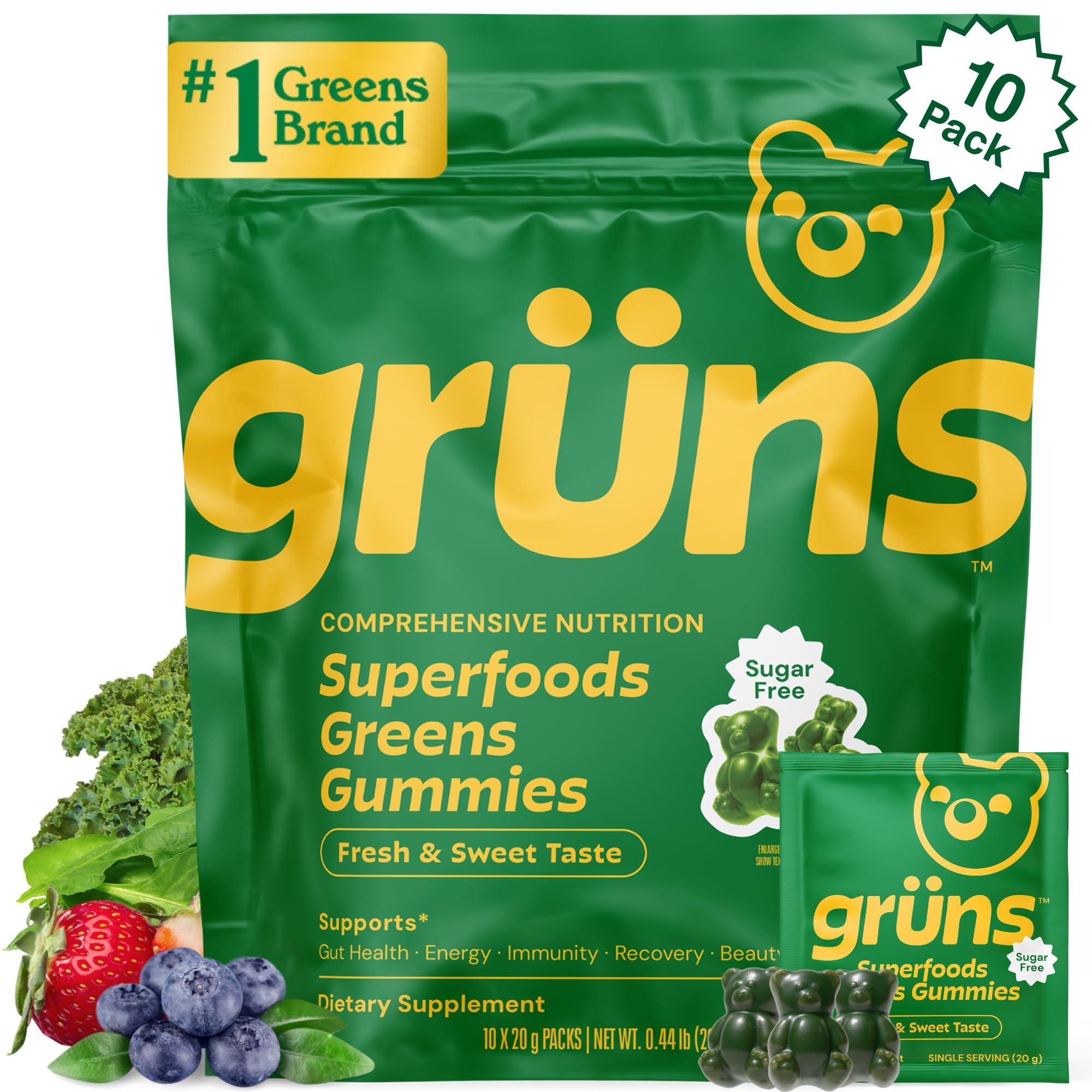 Grüns Gruns Sugar-Free Super Greens Gummies, Multivitamin Superfood Gummy Bears, Spirulina, Chlorella, Prebiotics & Fiber gummies for Digestive Health, Adaptogens Supplement, 20 Vitamins & Minerals, 10 pack