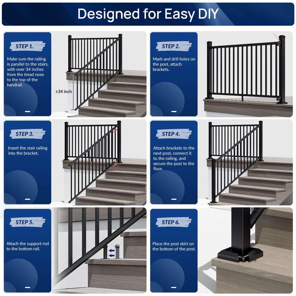Egadis 36 in. H x 8 ft. W Aluminum Stair Railing Kit, Railings for Outdoor Steps, Black Textured AAMA 2604 Powder-Coat Finish Modular Rail System for Concrete Steps or Wooden Stairs(1 Post, 1 Panel)