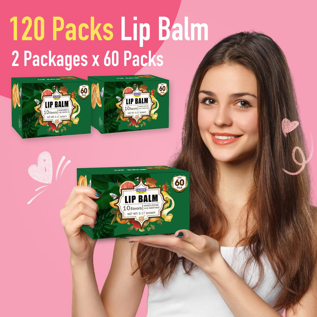 AZEN 120 Pack Lip Balm, Natural Lip Balm Bulk, Lip Care Product, Moisturizing Lip Balms for dry cracked lips, Valentines Gifts Easter Basket Stuffers - 10 Flavors