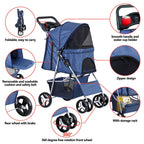 Pet Stroller 4 Wheels Dog Cat Stroller for Small Medium Dog Cats Carrier Jogger Travel Foldable Puppy with Storage Basket and Cup Holder (Navy Blue)