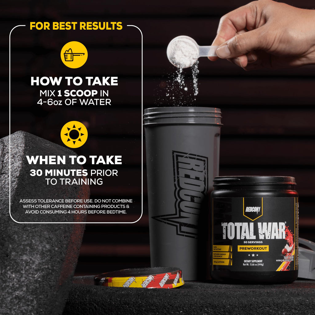 REDCON1 Total War Pre Workout, Tiger's Blood - Pump, Endurance & Energy Boosting Workout Supplement - Caffeinated Pre Workout with Taurine, Green Tea + Di Caffeine Malate (15 Servings)
