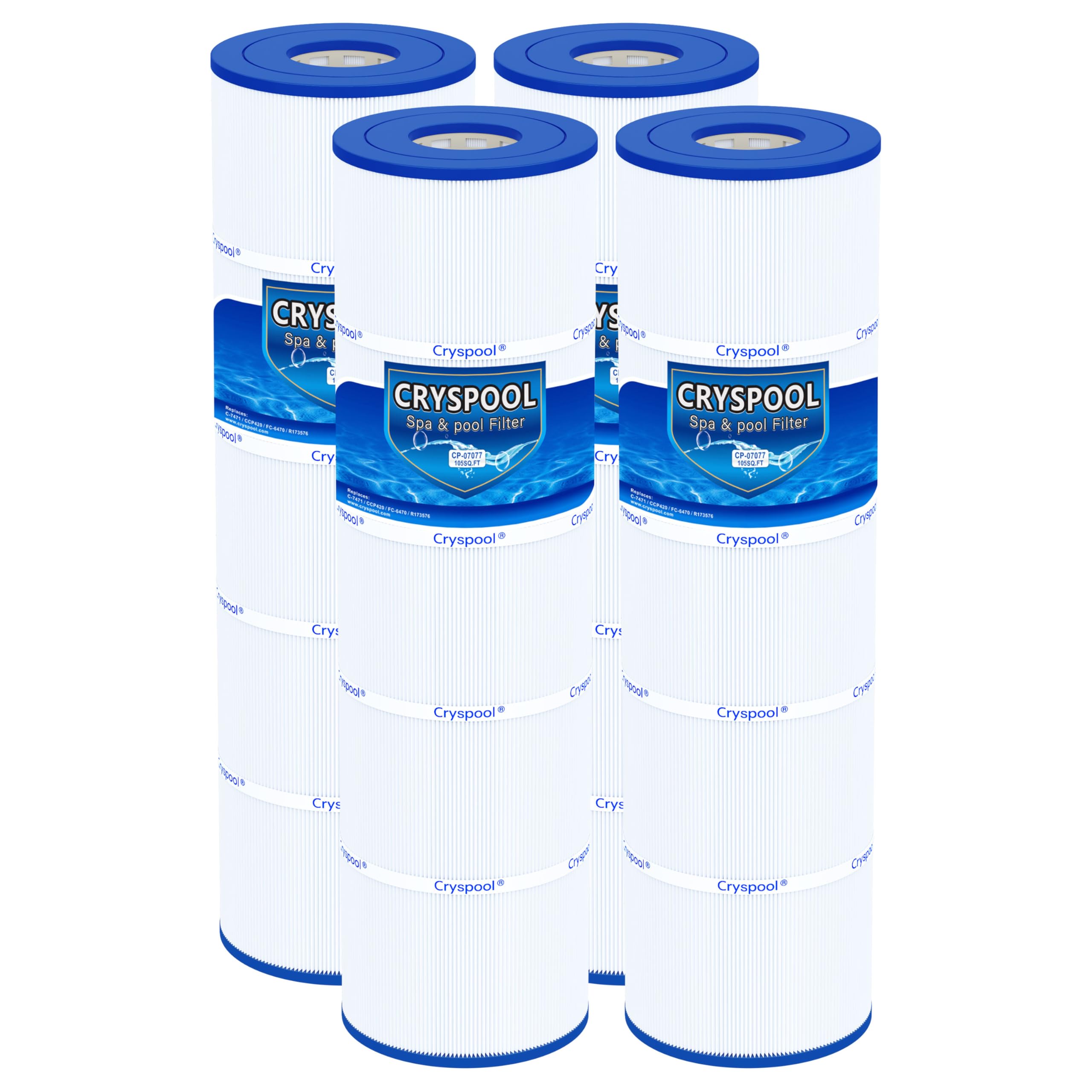 Cryspool® 07077 Filter Compatible with CCP420, Clean and Clear Plus 420, PCC105-PAK4, R173576, 570-0425-07, C-7471, 178584, 817-0106, FC-6470, 4×105 Sq. Ft Pool Filter Cartridges, 4 Pack