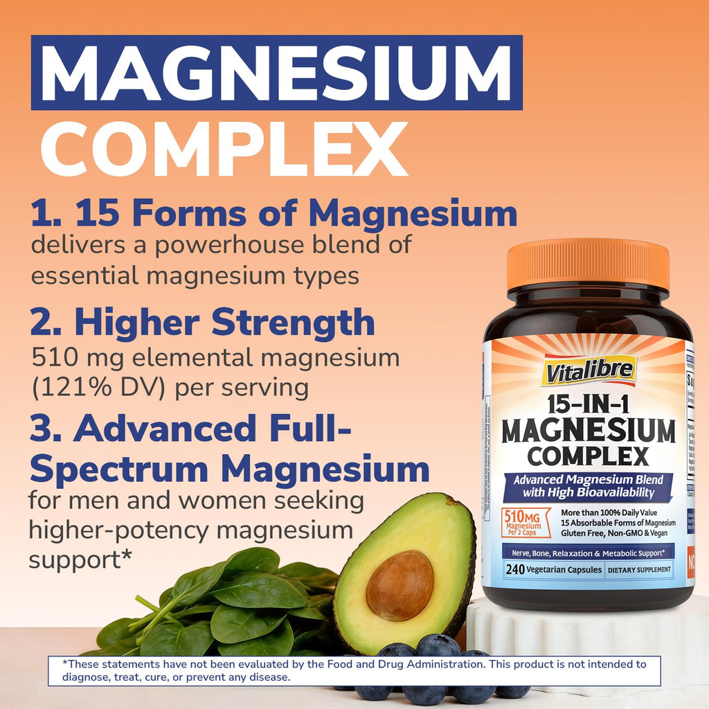 Vitalibre 15 in 1 Magnesium Complex Supplement 510mg | Maximum Absorption Glycinate, Malate, Taurate, Citrate and More for Bones, Heart, Recovery, Energy | Non-GMO, 240 Capsules