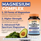 Vitalibre 15 in 1 Magnesium Complex Supplement 510mg | Maximum Absorption Glycinate, Malate, Taurate, Citrate and More for Bones, Heart, Recovery, Energy | Non-GMO, 240 Capsules