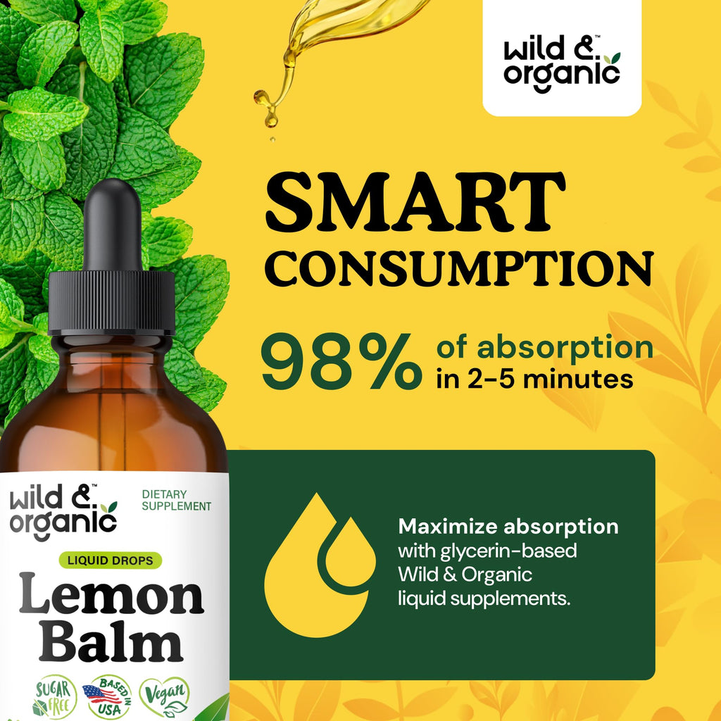 Wild & Organic Lemon Balm Tincture - Mood Support Supplement - Melissa Lemon Balm Leaf Extract Drops - Vegan, Sugar & Alcohol-Free Calming Supplement - 4 fl oz