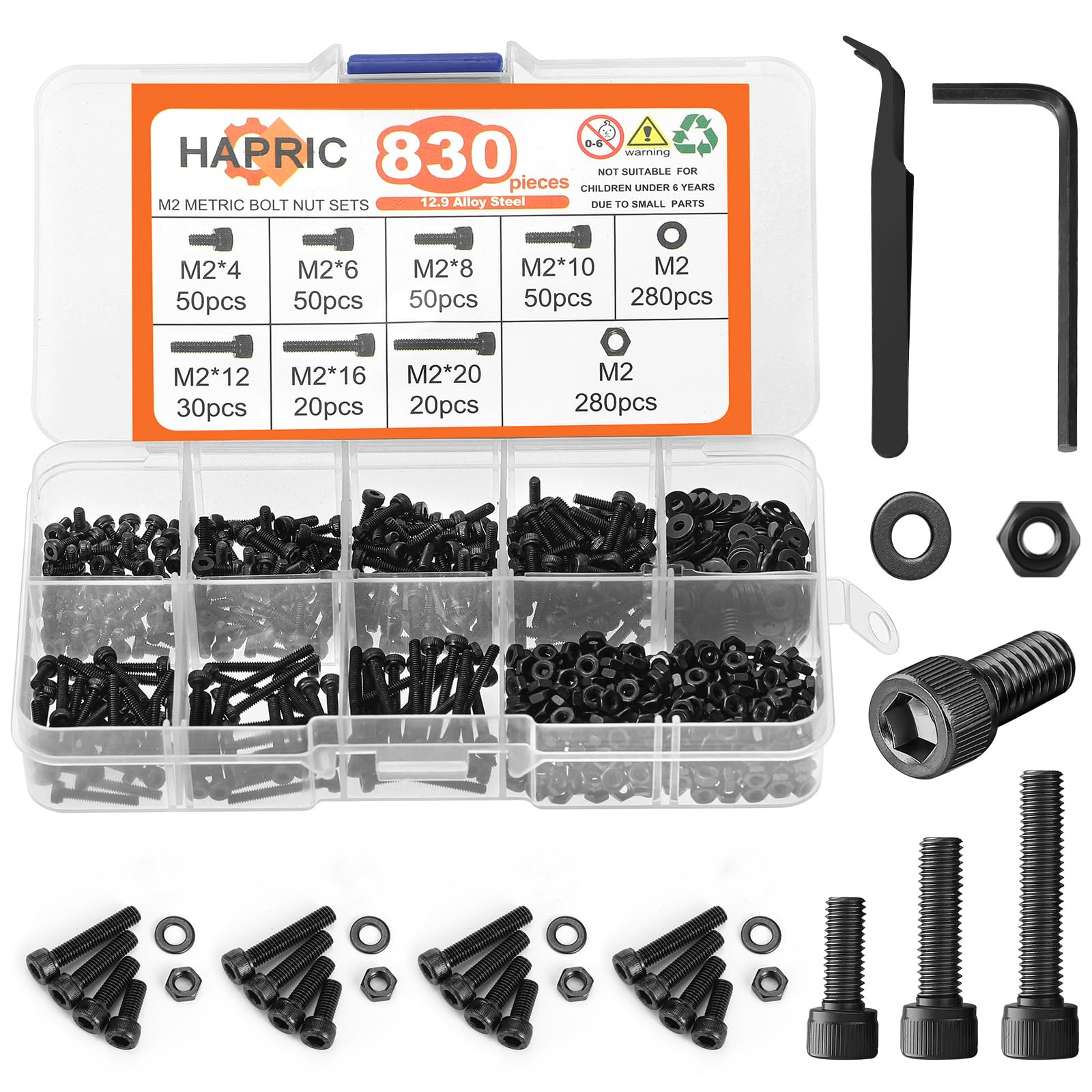 Hapric 830Pcs M2 Screws Assortment Kit, M2x 4-20MM Bolts Kits