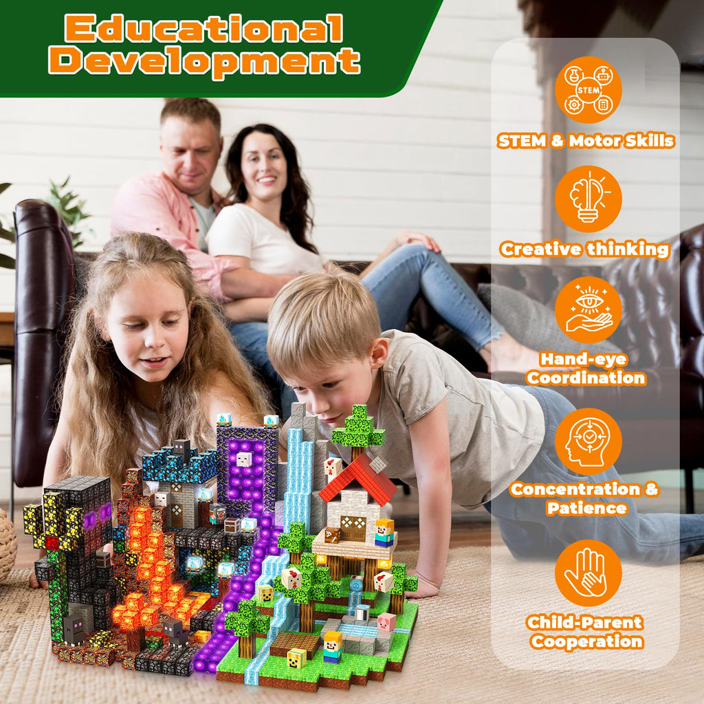 200 PCS Magnetic Blocks with Light Up Blocks - Magnetic Building Blocks, Magnetic Construction Cube Toys, STEM Sensory Learning Toys, Easter Christmas Birthday Gifts for Toddlers Boys and Girls Age 3+