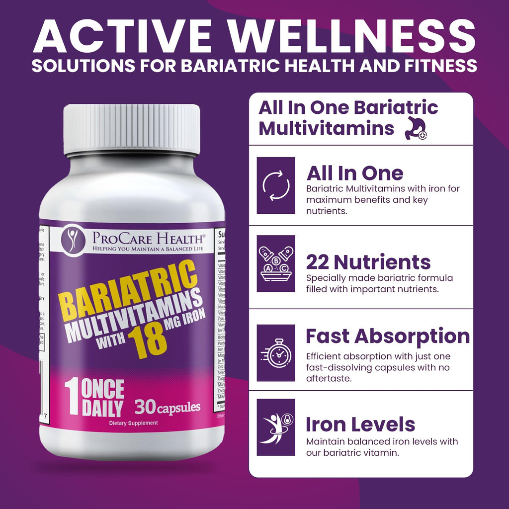 ProCare Health Bariatric Multivitamin with Iron 18mg (30 Easy to Swallow Capsules) - Post Op Bariatric Vitamins for Gastric Bypass Pills - Must Haves for Sleeve Patients (1 Month Supply)