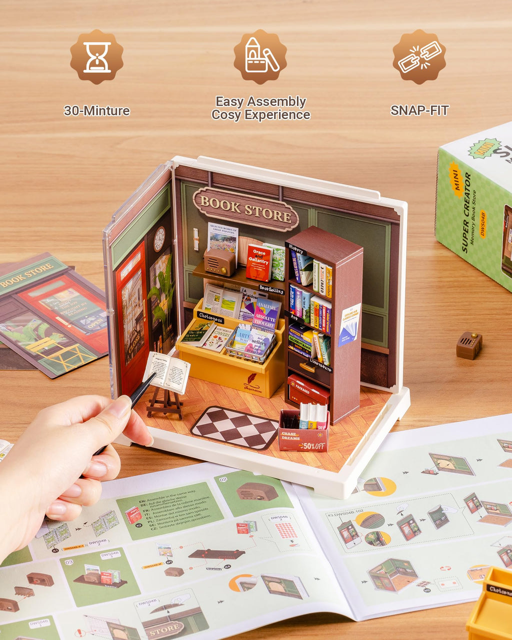 Rolife Mini Super Creator Series, DIY Miniature Memory Book Store Dollhouse House Kit, Bulid Scenary for Action Collectible Figures,Creative Gifts for Women Kid Adults