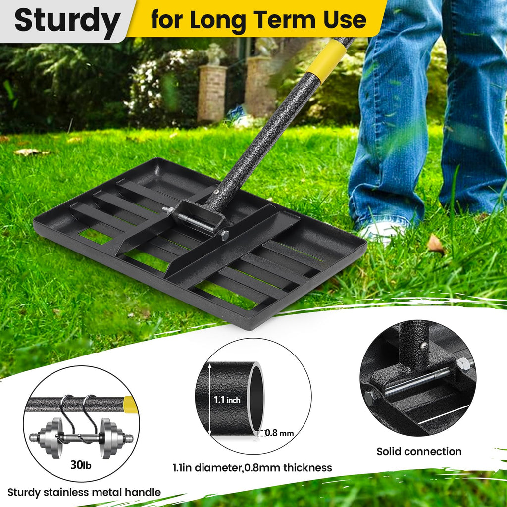 Lawn Leveling Rake, Heavy Duty 17"x10" Curved Ground Plate, 72" Long Handle Lawn Leveler Tool Landscape Rake for Compost Soil Dirt Sand Grass Peat Moss