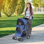 Pet Stroller 4 Wheels Dog Cat Stroller for Small Medium Dog Cats Carrier Jogger Travel Foldable Puppy with Storage Basket and Cup Holder (Navy Blue)