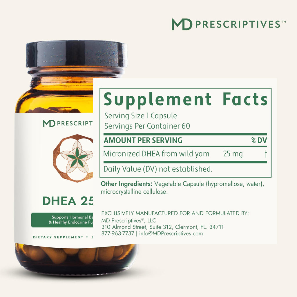 MD Prescriptives DHEA 25mg Dietary Supplement - Micronized from Natural Wild Yam - Supports Bone Health & Hormone Balance* - Suitable for Vegetarians - Just One Capsule Daily - 60 Capsules