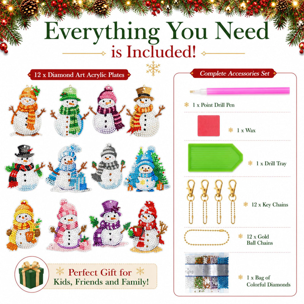 Ferraycle 12 Pcs Snowman Diamond Art Christmas Ornaments Kit, Multicolor