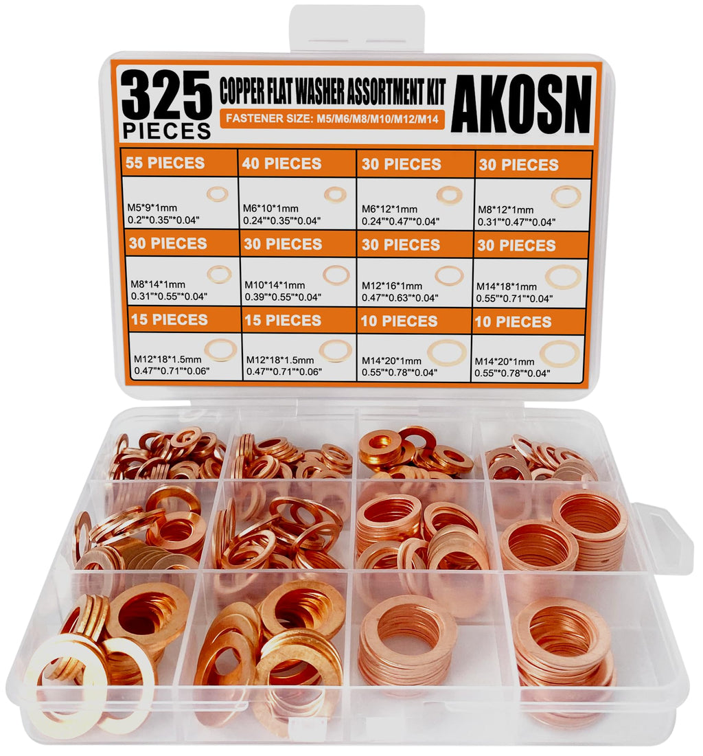 325 PCS Crush Copper Washers Assortment Kit; 10 Size Flat Sealing Copper Washers (M5-M14) for Electronic, Automotive, Motorcycles, Marine and Mechanical Use