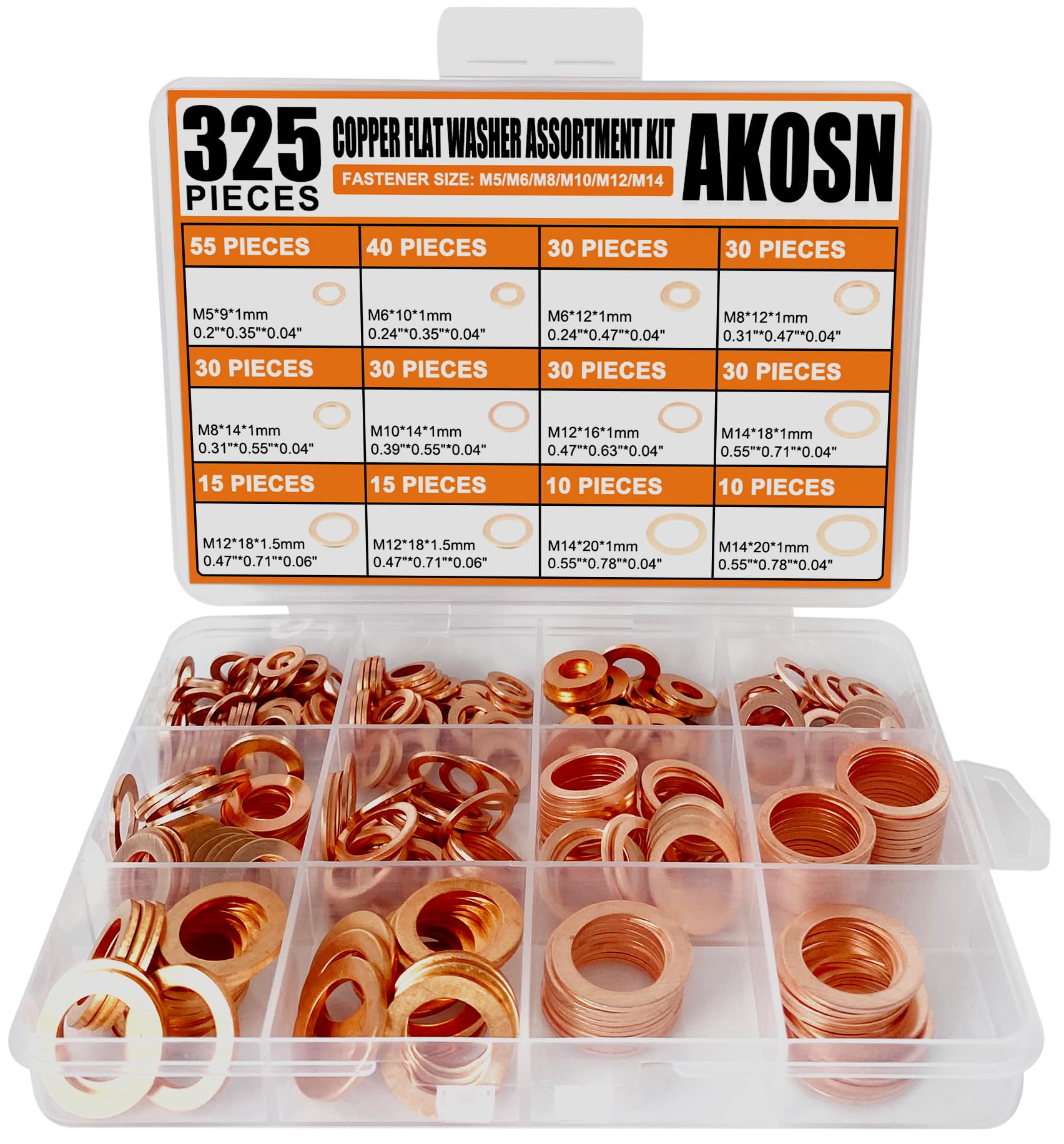 325 PCS Crush Copper Washers Assortment Kit; 10 Size Flat Sealing Copper Washers (M5-M14) for Electronic, Automotive, Motorcycles, Marine and Mechanical Use