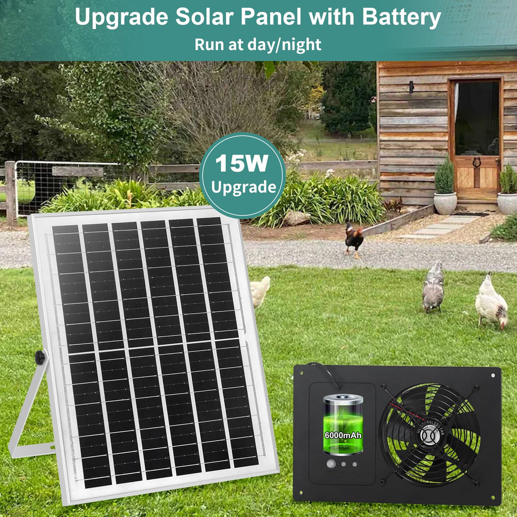 Solar Powered Fan with Battery Run Day/Night,15W Solar Fan for Chicken Coop