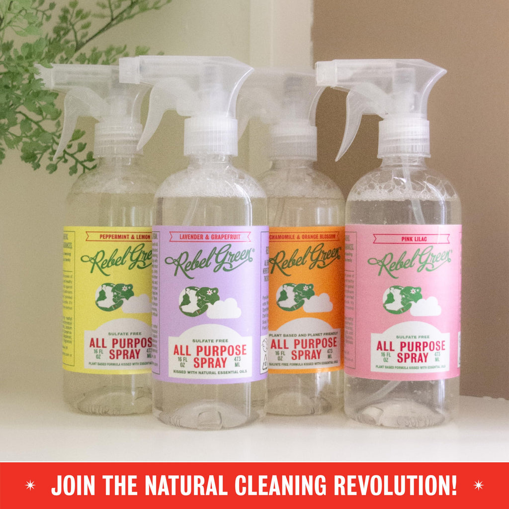Rebel Green Natural 16 oz All-Purpose Cleaning Spray with 64 oz Refill Bottle - Plant-Based Multi-Surface Cleaner for Kitchen, Bath, Countertops and More - Lavender & Grapefruit Scent