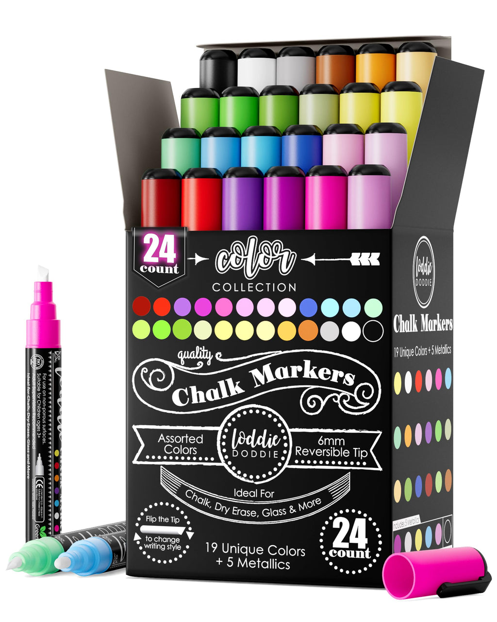 Loddie Doddie Chalk Markers, Liquid Chalk Pens, Reversible Tips, 24 Pack