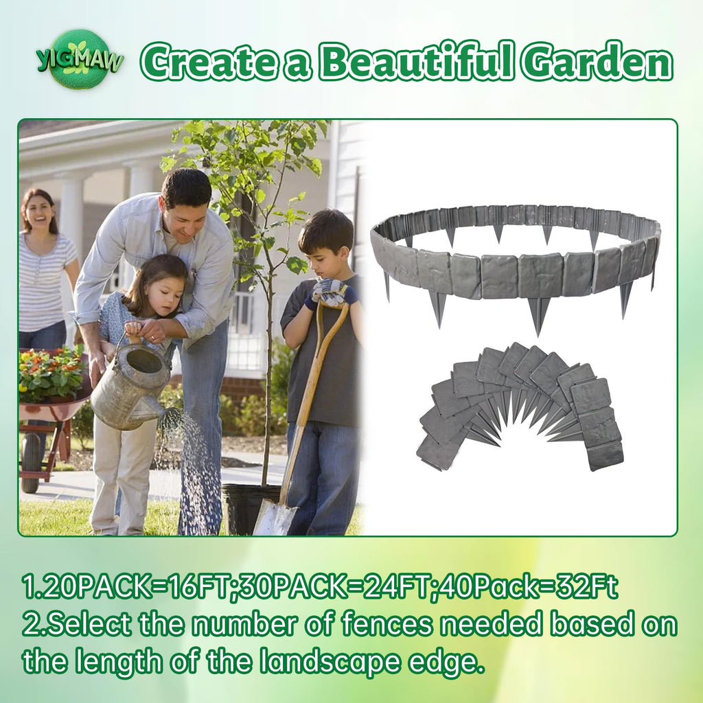 YIGMAW 2026 New Edging for Landscaping - Garden Edging Border-4 in Tall-Plastic Stone Effect for DIY Landscape,Lawn&Flower Bed (Gray, 40 Pcs)