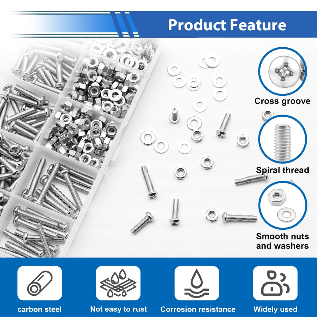 smseace 225Pcs Silver Nuts and Bolts Assortment Kit 12-Sizes M4/M5/M6 Nut Bolt Washer Assortment Kit for Machinery, Furniture, Automotive, Motorcycle Repairs