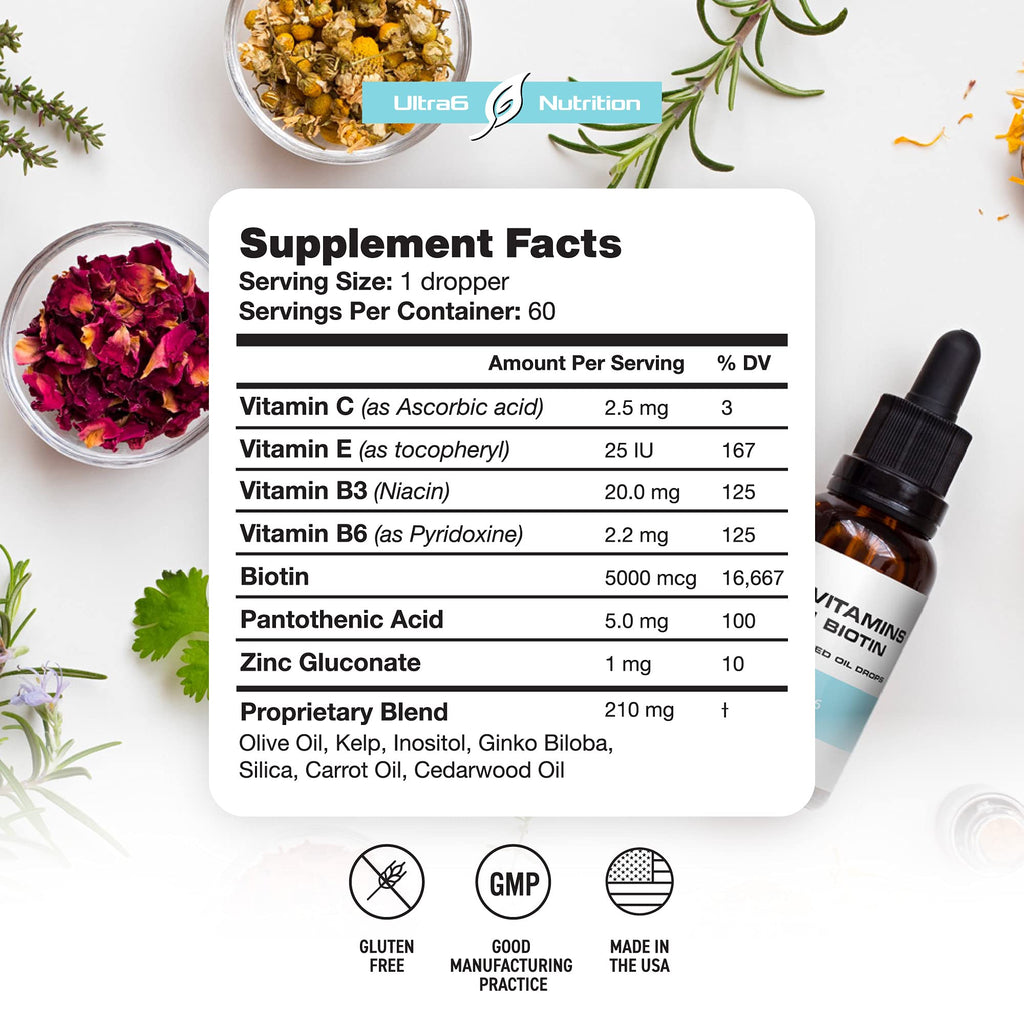 Ultra6 Nutrition Liquid Biotin with Hair Vitamins - Vitamin C, E, B6 & Organic Coconut Oil - Liquid Biotin for Hair, Skin, Nails and Immunity Support