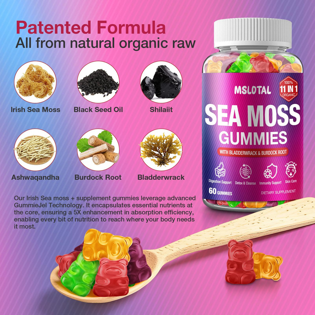 MSLOTAL Irish Sea Moss Gummies with Black Seed Oil, Ashwagandha Bladderwrack and Burdock Root, Organic Sea Moss Gummies for Women and Men with Shilajit, Immune Support, Vegan, 120 Gummies Totalss