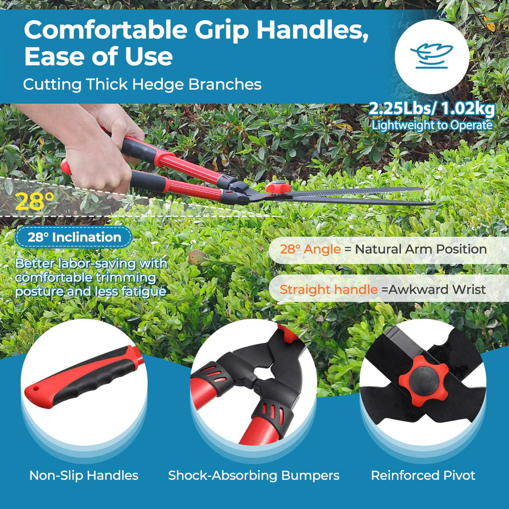 Hedge Shears, Sharp Hedge Clippers for Gardening, 21 inch High Carbon Steel Manual Hedge Trimmer with Ergonomic Anti-slip Handle, Labor-saving Long Garden Shears for Shrubs Bushes Lawn Yard Trimming