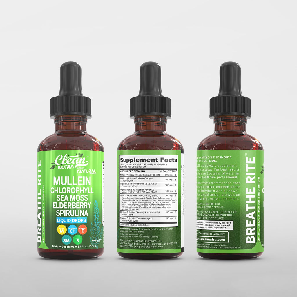 Clean Nutra Mullein Drops for Lungs Organic Chlorophyll Liquid Irish Sea Moss, Spirulina, Licorice, Tart Cherry Lobelia, Motherwort & Elderberry Mullein Leaf Extract Tincture Men Women Supplement