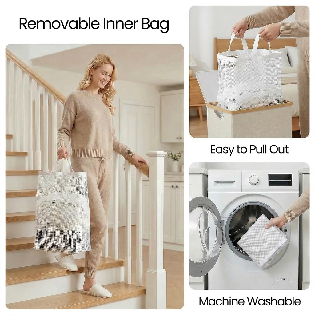 efluky Slim Laundry Hamper with Lid and Removable Bag, 75L Beige