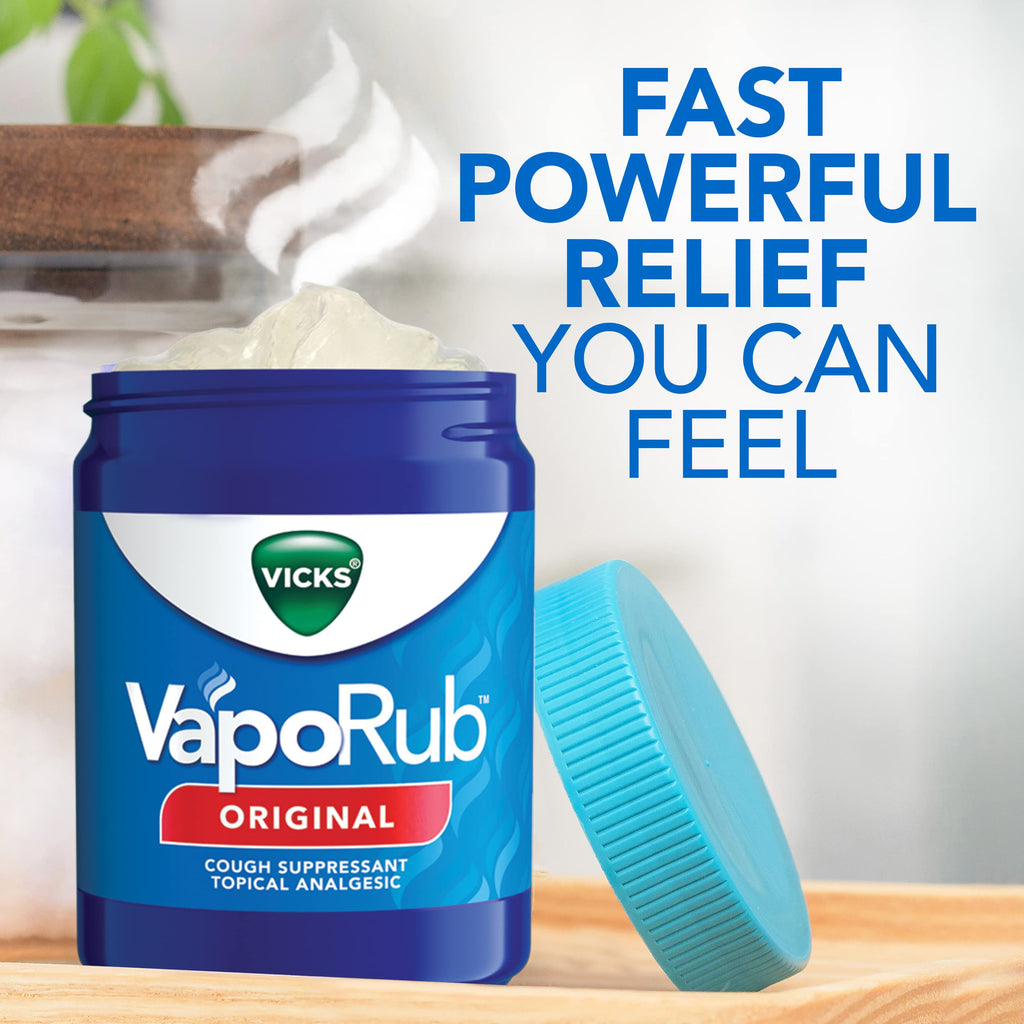 Vicks VapoRub, Original, Cough Suppressant, Topical Chest Rub & Analgesic Ointment, Medicated Vicks Vapors, Relief from Cough Due to Cold, Aches & Pains, 1.76oz each (pack of 3)