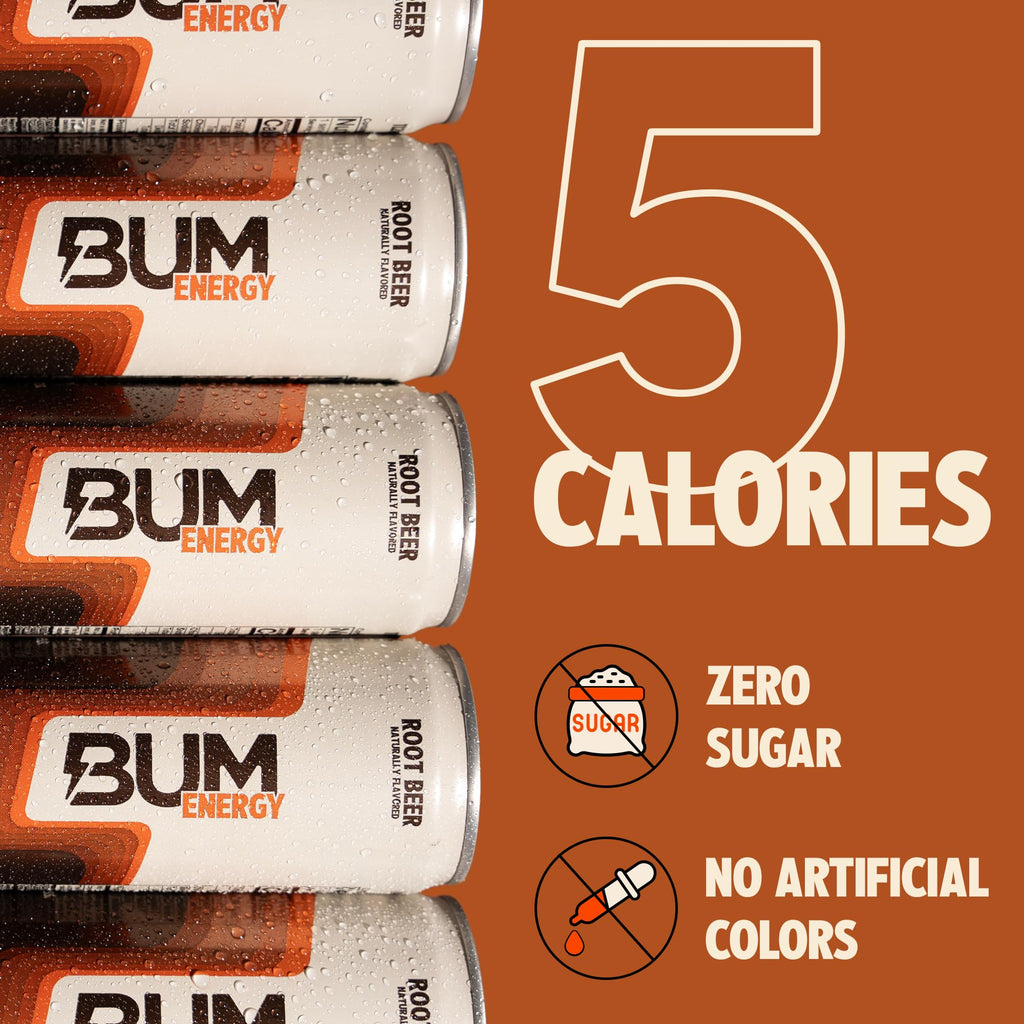 BUM Sugar Free Energy Drink, Nootropics, Root Beer 12 Pack, 12 Fl Oz