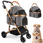 Ioboneed 3-in-1 Dog Stroller with Rain Cover, Quick Foldable, Detachable Carrier & Car Seat, for Medium Dogs Cats Up to 50 lbs, Anti-Shock Solid Rubber Wheels, Grey