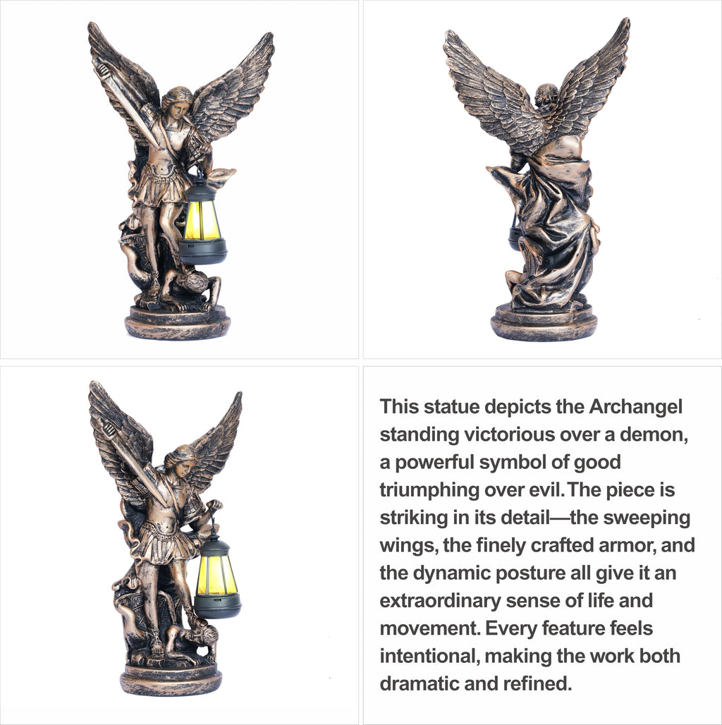 Solar San Miguel Arcangel Outdoor Garden Decor Statues 12.4" Solar St Michael the Archangel Satue for Yard Patio Lawn Porch Decorations Resin St Michael Figurine Religious Collection Sculptures Gifts