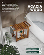 BLUEWEST Shower Bench Seat with Storage Shelf, Natural Wood Shower Benches for Inside Shower to Sit on, Waterproof Bathroom Spa Bench Stool for Legs Shaving with Built-in Handle & Shower Head Holder