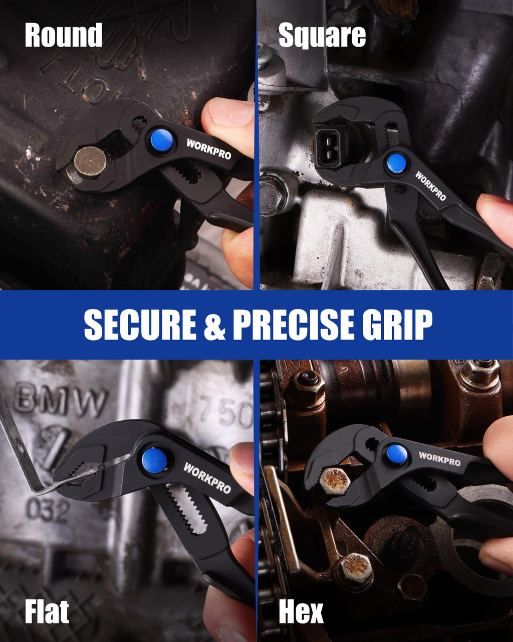 WORKPRO Mini Water Pump Pliers, 4-Inch Groove Joint Pliers, Fast Adjustable Tongue and Groove Pliers with 15-Position Push-Lock, V-Jaw for Multi-Surface Grip, Ideal for Tight Spaces and Versatile Use
