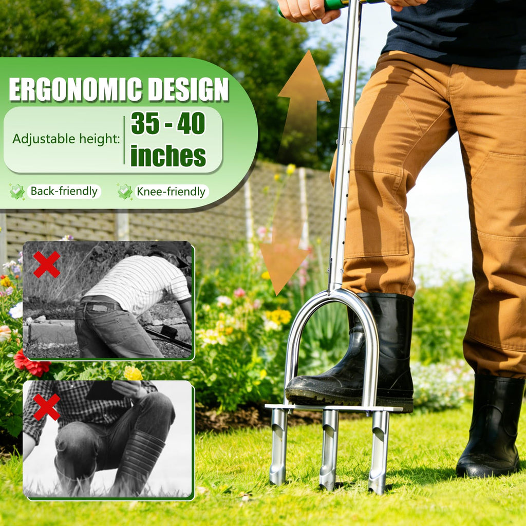 Lawn Aerator Tool, Stainless Steel Manual Core Aerator with 3 Hollow Tines