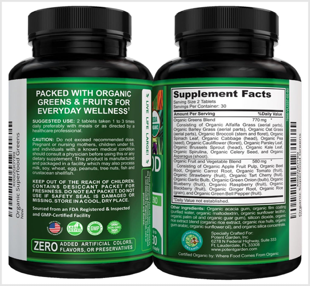 Potent Garden Super Greens Capsules, Fruits and Veggies Supplement, Organic Greens Tablets with Alfalfa Beet Root & Tart Cherry, Daily Nutrition Support, 60 Ct