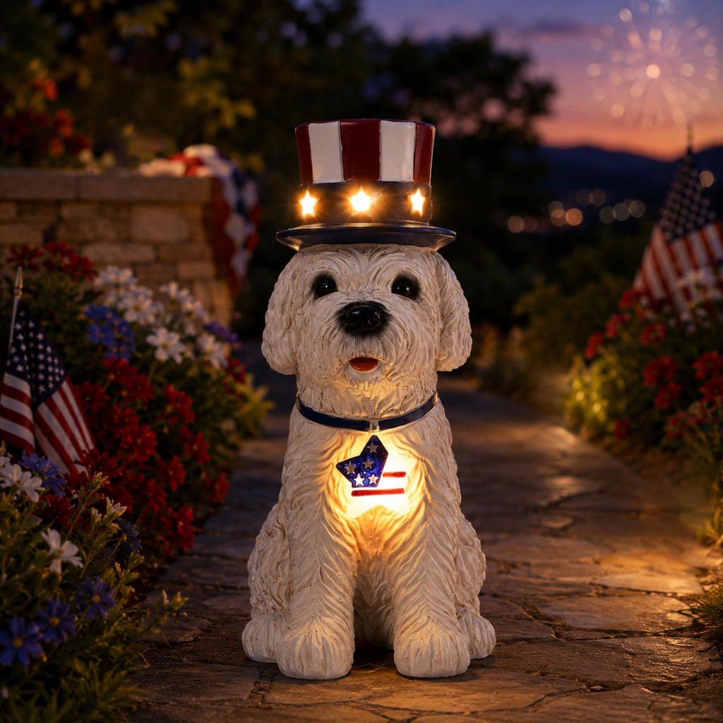 Nacome Solar Dog Garden Statue: American Flag Figurine for Patriotic Outdoor Lawn Porch Patio Yard Decorations - Gifts for Mom Grandma Women