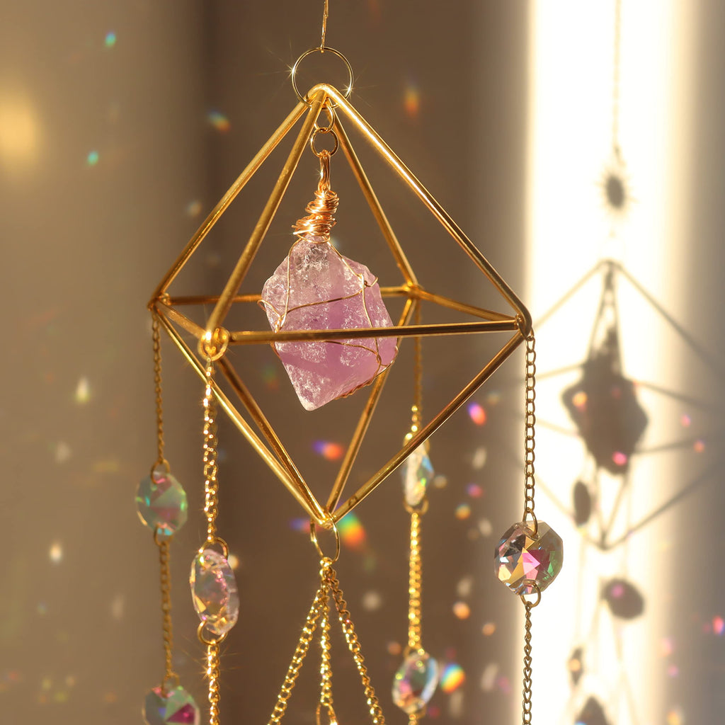 Amethyst Crystal Suncatcher - Hanging Gold Plated Garden Sun Catcher