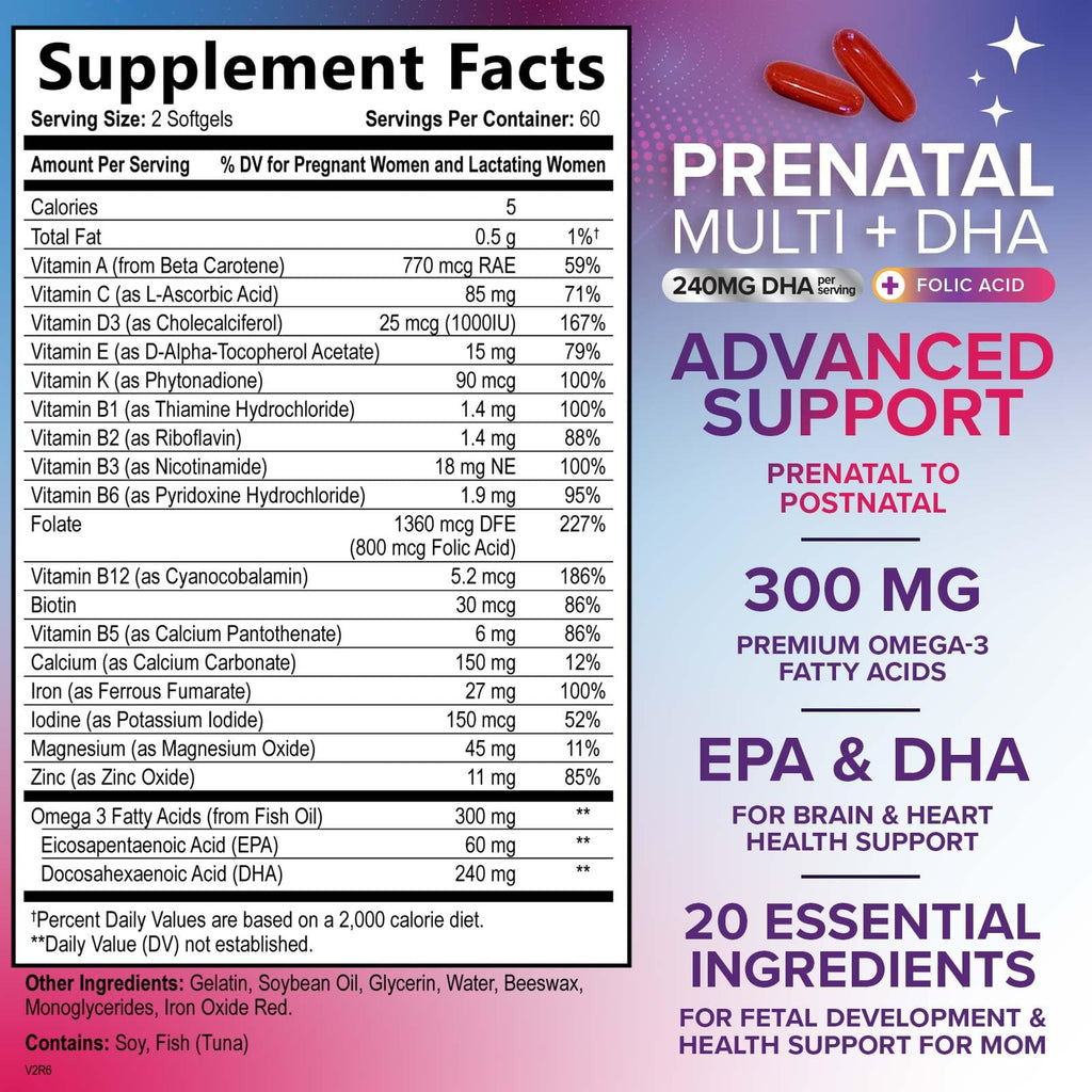 Prenatal Vitamins for Women with Folic Acid + Omega 3 DHA for Fetal Brain Development, Best Prenatal Vitamin Supplement, Daily Pregnancy Multivitamin Nutritional Support, Non-GMO - 120 Softgels