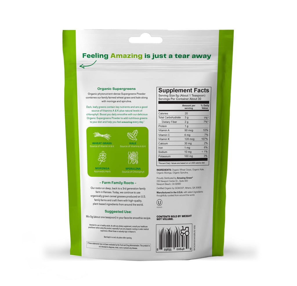 Amazing Grass Super Greens Booster: Greens Powder Smoothie Mix with Spirulina,Moringa,Wheat Grass & Kale Smoothie Booster,Chlorophyll Providing-Greens,30 Servings,(Pack of 2)