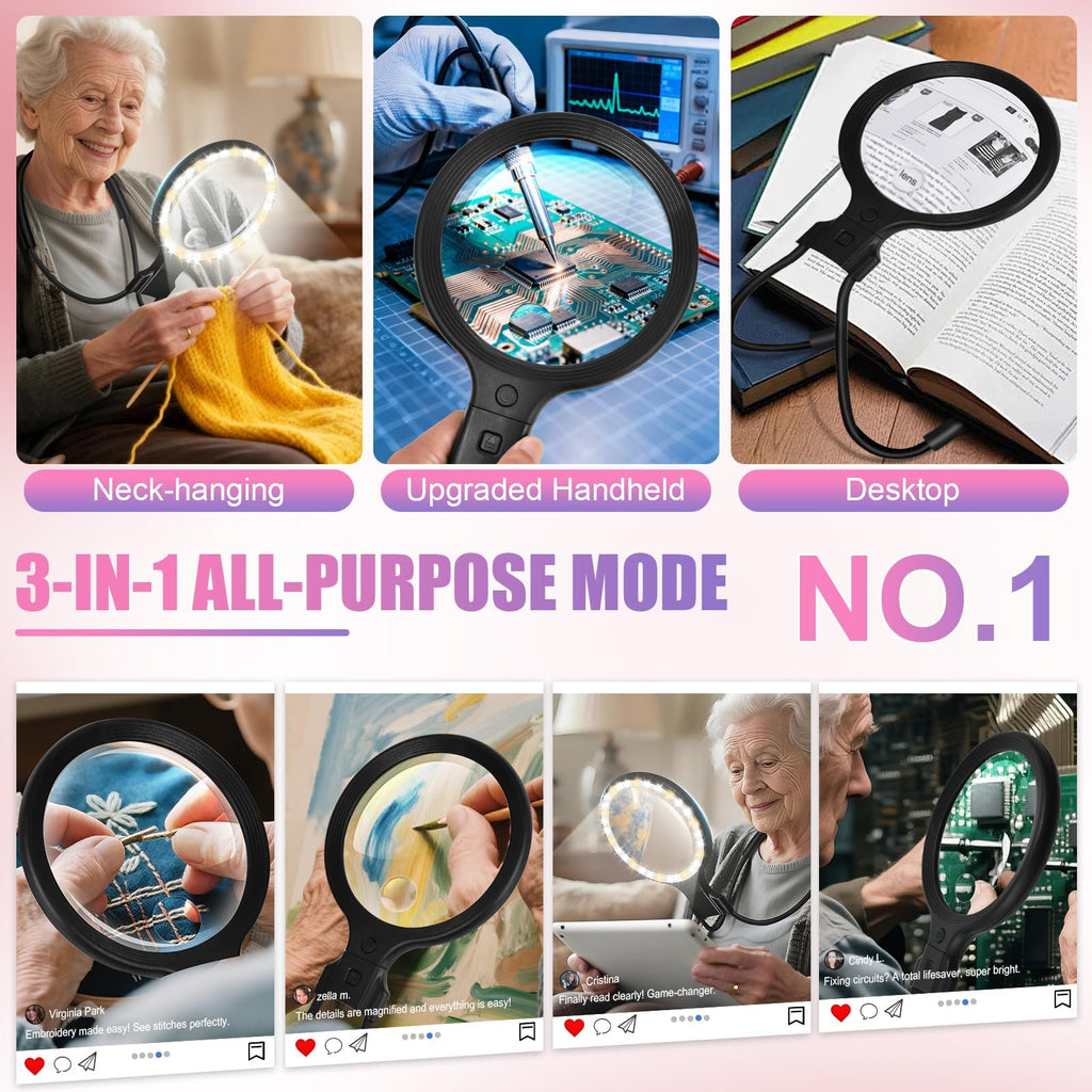 5.0 Upgraded Magnifying Glass Hand Free【12X German Ultra-HD Lens】【Cloud Sponge Neck Protection】 3 Smart Mode Light, All-Purpose Magnifying for Reading, Cross Stitch, Craft Seniors Use (Black)