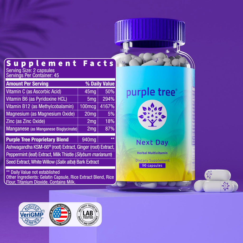 purple tree Next Day – Post-Drink Morning Wellness Supplement for Balance, Restore & Replenishment | Ashwagandha KSM-66, Milk Thistle, Ginger, Peppermint, Electrolytes & Vitamins | 90 Capsules