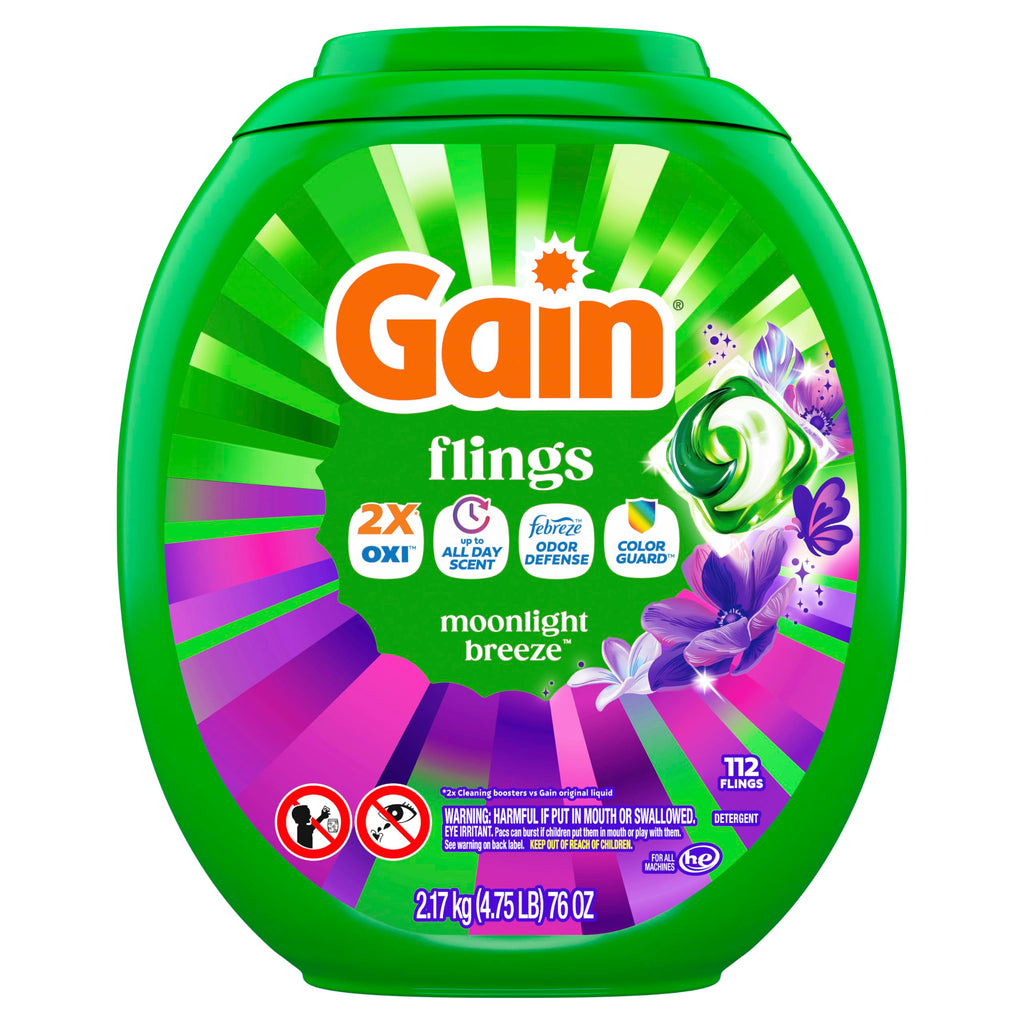 Gain Flings Laundry Detergent Pods Odor Defense + Color Guard, Moonlight Breeze Scent, 4-in-1 Liquid Laundry Detergent Pacs with Oxi Boost and Febreze, 112 Count (Packaging May Vary)