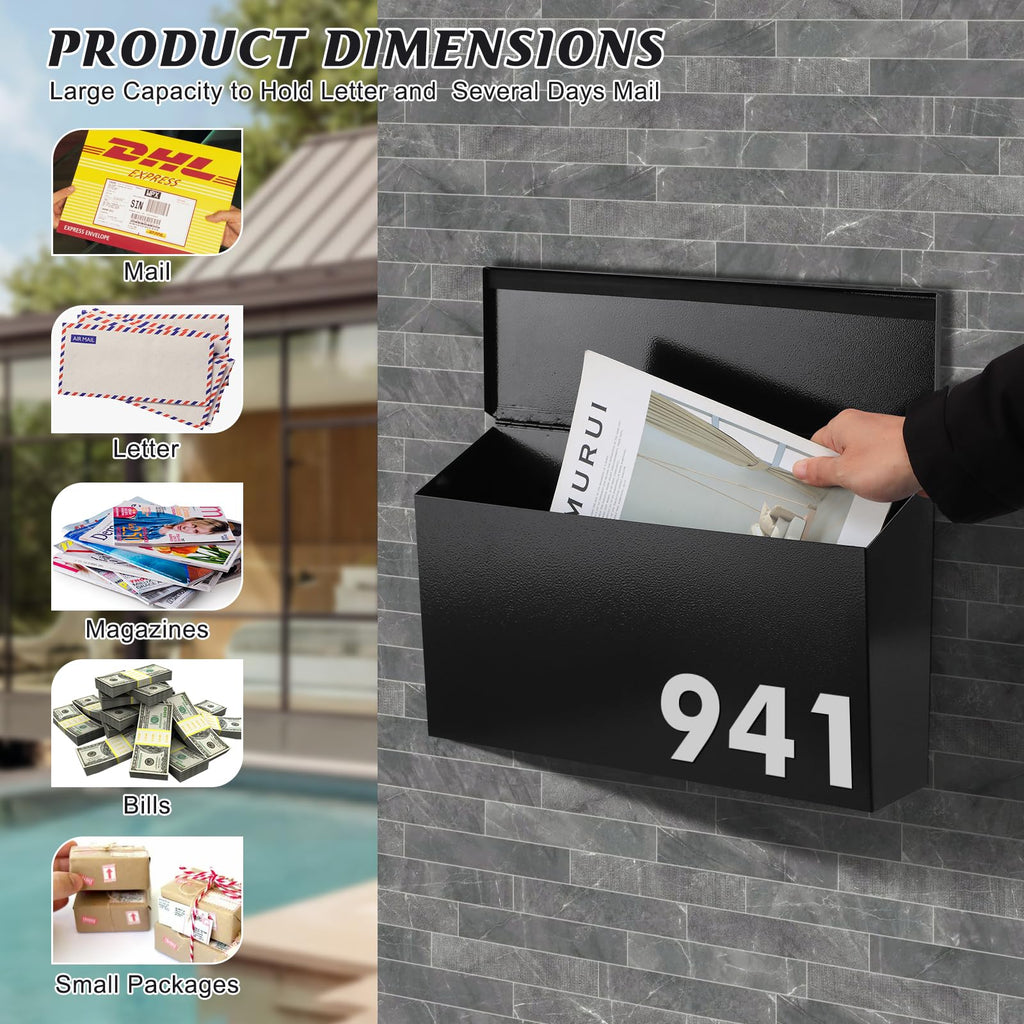 KYODOLED Wall-Mount Mailbox for House, Large Capacity Mail Box, Galvanized Steel Rust-Proof Metal Post Box, Mailboxes for Outside,15.7"x9.9"x4.9" Black