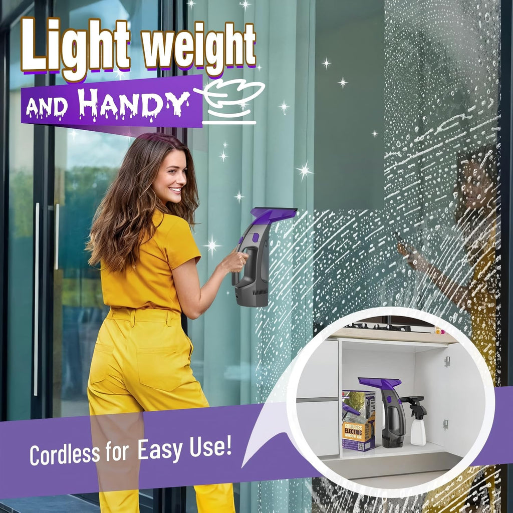 Window Vacuum Squeegee Cordless, 2000Pa Electric Window Cleaner with Power Blade, Vacuum Squeegee for Window Cleaning, Streak-Free Window Vacuum with 360ml Spray Bottle for Windows, Mirrors, Tiles
