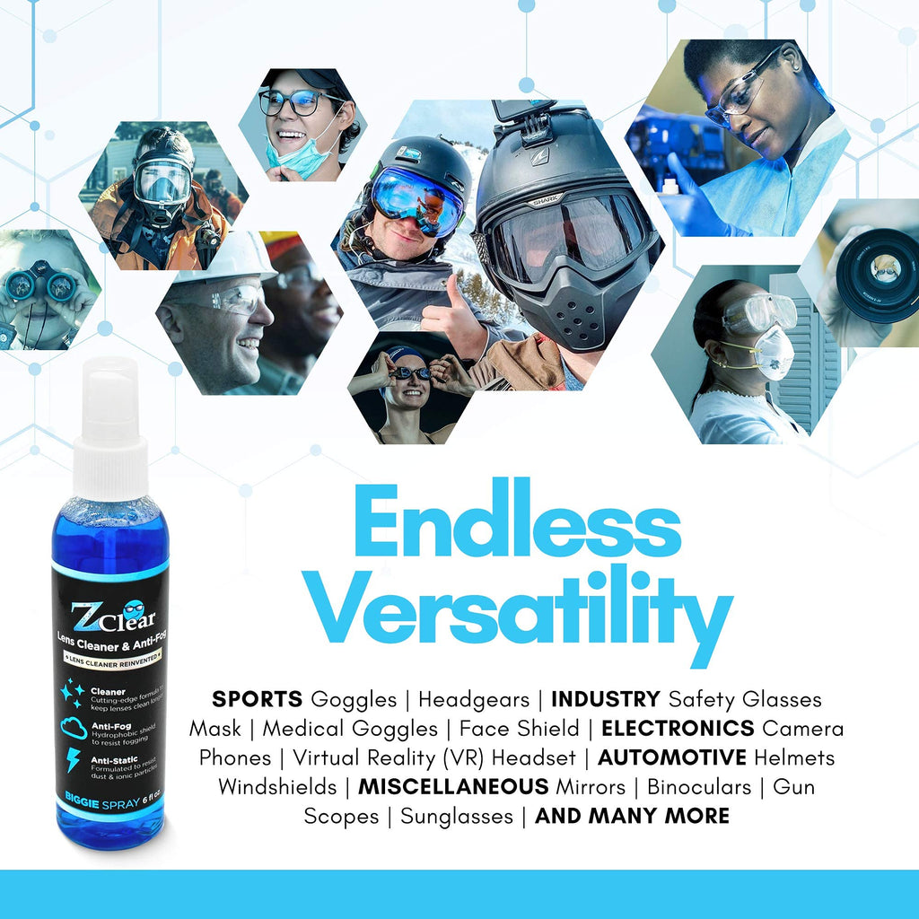 Z Clear Anti-Fog 6oz Spray | Eye glasses cleaner | Goggles anti fog | Sunglasses cleaner | Windshields | Mirrors | Visors | Safe for all Lenses |+ With Microfiber Cloth